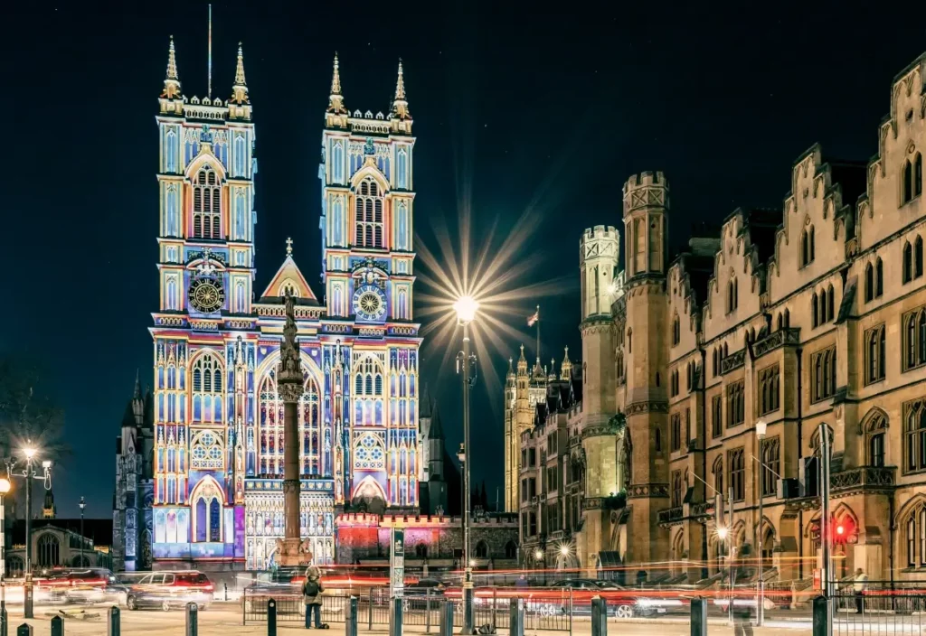 Vibrantly colored cathedral in London, England, illuminated at night